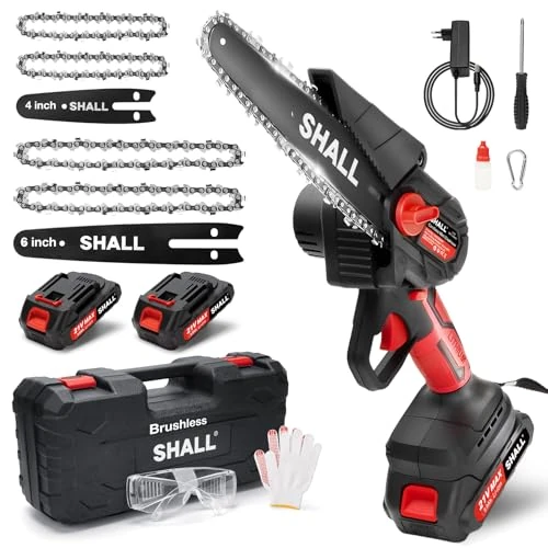 Tijdelijke aanbieding: SHALL 21 Volt draagbare mini-kettingzaag, borstelloze motor, 4 kettingen, takken snijden, tuinieren, beste keuze voor man, vader, hout-doe-het-zelf-liefhebbers, EU-stekker van 58.99 € naar 58.99 € (0.00% korting)