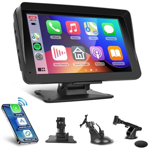 Portátil Carplay Inalambrico Pantalla Wireless Android Auto, Display AirPlay/Mirror Link Multimedia Monitor Bluetooth Manos Libres Pantalla Táctil 7 Pulgadas Radio Receptor FM, Soporte AUX/TF