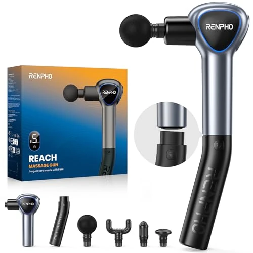 RENPHO Reach Handle Massage Gun with 5 Speed 4 Head,Mini Massage Gun with Extension Handle,Gift for Women Men,Muscle Gun Deep Tissue with 3200rpm for Home Workout Full Body Muscle Relax,Grey