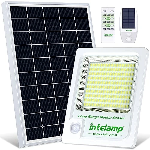 Offerta a tempo: INTELAMP Faro Led Esterno Con Pannello Solare, 12000mAh Fari Solari a Led da Esterno 6000K Impermeabile Lampione Solare Esterno con Telecomando e Sensore,Funzione timer - 10% da 79.99 € a 71.99 €