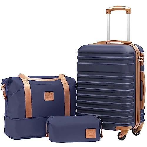 COOLIFE ABS hard shell suitcase, trolley suitcase, 4 wheels, TSA lock. The suitcase contains 1 travel bag and 1 toiletry bag, Blue / Brown, Handgepäck-Set 3tlg, Leisure, women, travel