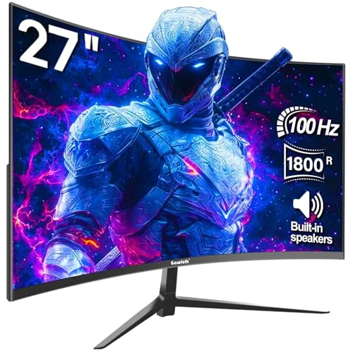 Gawfolk 27 cali Curved Gaming Monitor 75Hz, 1ms Full HD 1080P Monitor PC, bezramkowy monitor komputerowy 1800R z technologią FreeSync i Eye Care, obsługuje VESA