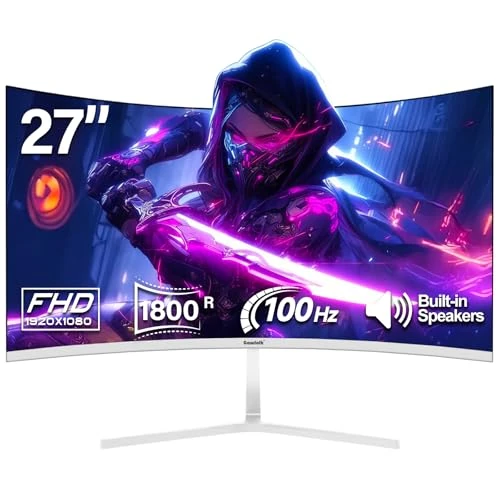 Gawfolk 27 Inch Curved Monitor Computer Monitors FHD(1920 X 1080P) 100HZ 1800R 100% sRGB, Tilt Adjustment, Blue Light Filter White PC Monitor for Gaming, Home Office Work, HDMI, VGA