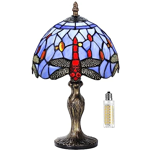 MIAOKE Lampe Stained Glass Lamp Vintage - Style Fleur Vitrail, Art Déco Convient pour chambre à coucher, lampe de chevet, bureau, étude - Ampoule E27 Non Fournie(libellule bleue)