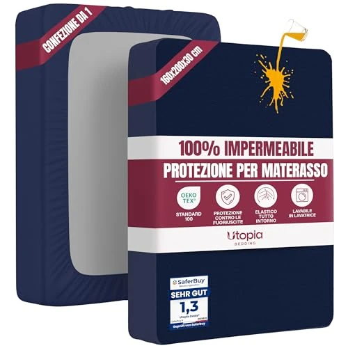 Offerta a tempo: Utopia Bedding Coprimaterasso Matrimoniale Impermeabile 160 x 200 x 30 cm, Certificato OEKO-TEX, Proteggi Materasso, Traspirante, Lavabile, Stile Montato Tutto Intorno Elastico Blu Marino - 27% da 23.99 € a 17.63 €