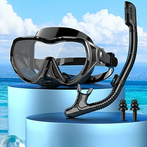 Snorkelset voor volwassenen, met duikbril en droge snorkels, duikbril voor volwassenen, met lens van gehard glas, anti-lek en anti-condens, panorama, professioneel duikmasker voor snorkelen en zwemmen
