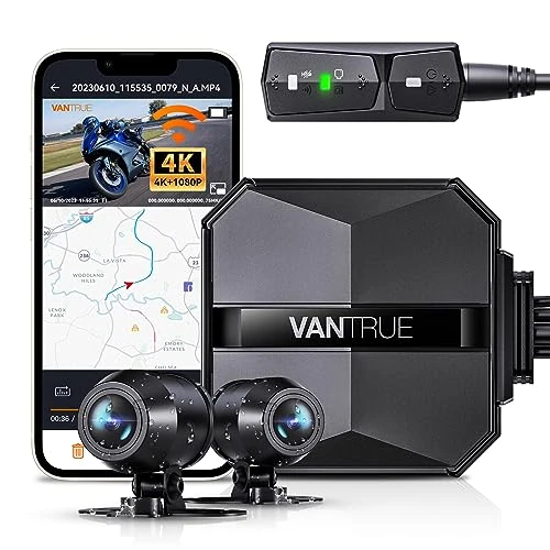 VANTRUE F1 kamera na deskę rozdzielczą do motocykla 4K + 1080p, 5 GHz WiFi z przodu z tyłu, GPS, HDR, WDR, całkowicie wodoszczelna kamera samochodowa do motocykla, widoczność w nocy, tryb parkowania