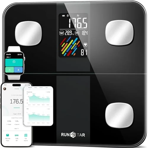 RunSTAR Báscula de Baño Inteligente, Peso y Porcentaje de Grasa, Báscula Digital de Baño de Alta Precisión con Pantalla Grande, IMC, Frecuencia Cardíaca y 15 Métricas, APP Fitness, Hasta 400 lb