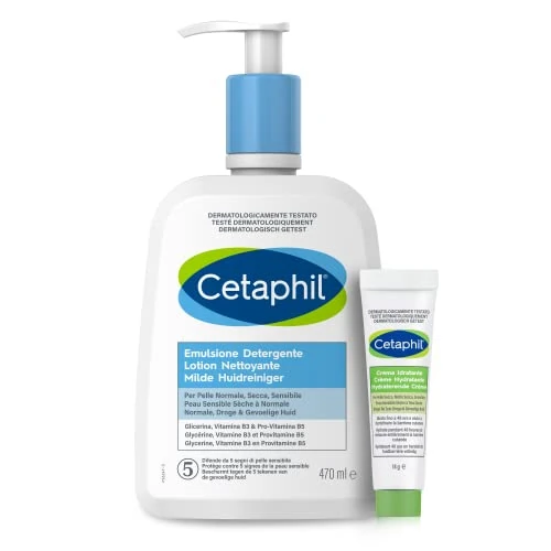 Offerta a tempo: Cetaphil Emulsione Detergente Viso e Corpo, Senza Profumo, Formato 470 ml + Crema Idratante Viso e Corpo, Senza Profumo, Formato Viaggio 14 g - 39% da 18.90 € a 11.56 €