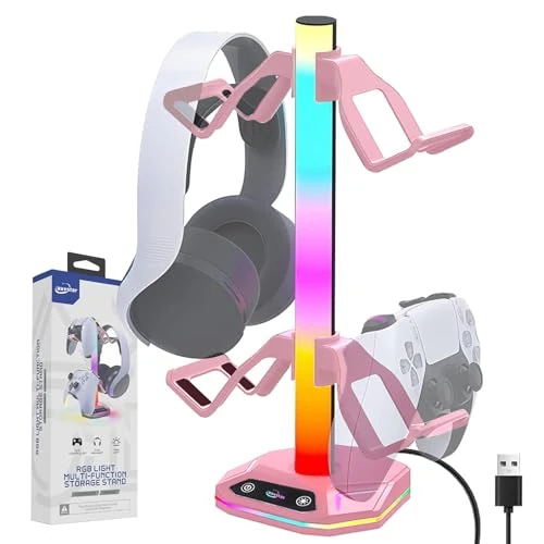 auvstar Porta Joystick,Supporto Cuffie Gaming,Porta Cuffie Scrivania,Porta di Ricarica USB Type-C,10 Modalità di Retroilluminazione RGB,Funziona con Qualsiasi Cuffia o Controller di Gioco(Nero) (Rosa)