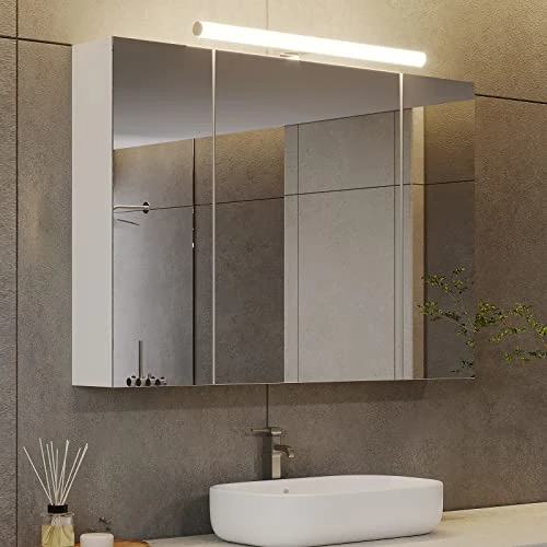 Offre limitee: DICTAC Armoire de Toilette Miroir avec éclairage et Prise 80x60x16cm Meuble Miroir Salle de Bain avec Etagere,Armoire Pharmacie Salle de Bain avec Rangement et 3 Portes,Blanc de 129.98 EUR a 129.98 EUR (economie 0%)