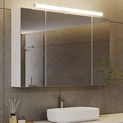 DICTAC Armario con Espejo baño con iluminación LED,Enchufe para máquina de Afeitar 90x60x16cm Armario de Pared con 3 Puertas y Estantes Ajustable con Mucho Espacio de Almacenamiento,Blanco