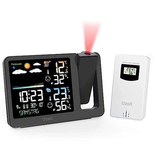 Offerta a tempo: Uzoli Sveglia con proiettore Orologio proiezione soffitto Stazione meteorologica, sensore esterno Termometro Igrometro interno Previsioni del tempo Livello di comfort Rischio muffa -EM3539A - 0.00% da 44.99 € a 44.99 €