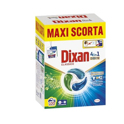 Offerta a tempo: Dixan DISCS 4in1 Classico Detersivo Lavatrice, 50 x 2 Lavaggi, Capsule Lavatrice per una Pulizia Profonda del Bucato e Freschezza Igienica per la Lavatrice, Rimuove le Macchie da 20°C - 31% da 37.64 € a 26.01 €