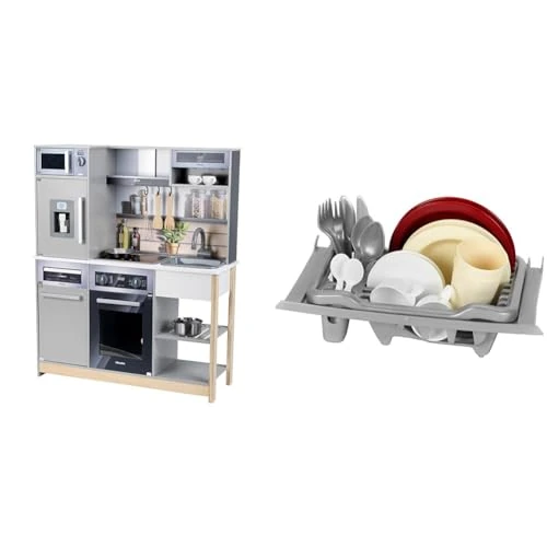 Miele Cuisine Family I Cuisine en Bois avec Table de Cuisson à Fonction Lumineuse et sonore & Panier à Couverts - Egouttoir I Complément pour Cuisines-Jouets avec Couverts, dînette et Set à café