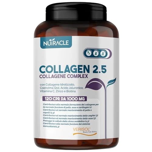 Offerta a tempo: Collagene Idrolizzato Verisol® 2500 mg + Acido Ialuronico + Coenzima Q10 - Integratore Pelle, Capelli e Ossa con Biotina, Zinco e Vitamina C - 120 compresse, Nutracle - 24% da 26.99 € a 20.39 €
