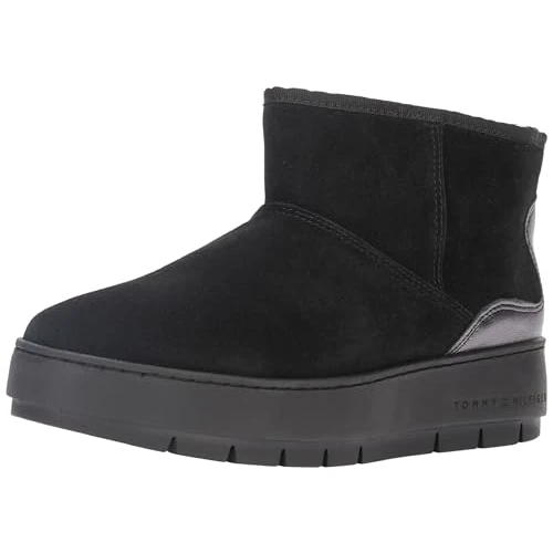 Tommy Hilfiger Women Metallic Suede Snowboot, Ankle Boot, Black, 7