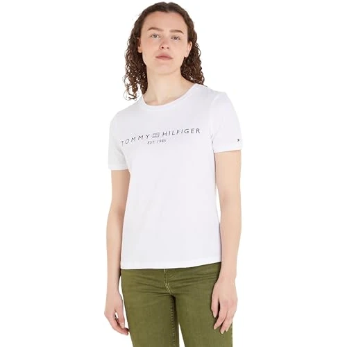 Offerta a tempo: Tommy Hilfiger Donna T-Shirt Maniche Corte Logo Scollo Rotondo, Bianco (TH Optic White), L - 41% da 39.90 € a 23.62 €