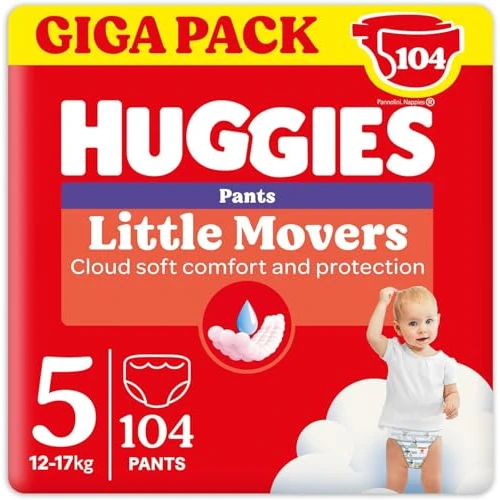 Offerta a tempo: Huggies Little Movers Pannolini Mutandina Taglia 5 (12-17 Kg), Ultra assorbente, Protezione completa, 104 Pz - 43% da 41.19 € a 23.39 €