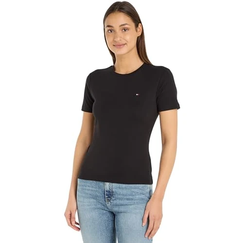 Tommy Hilfiger Damen T-Shirt Kurzarm Slim Cody Rundhalsausschnitt, Schwarz (Black), L