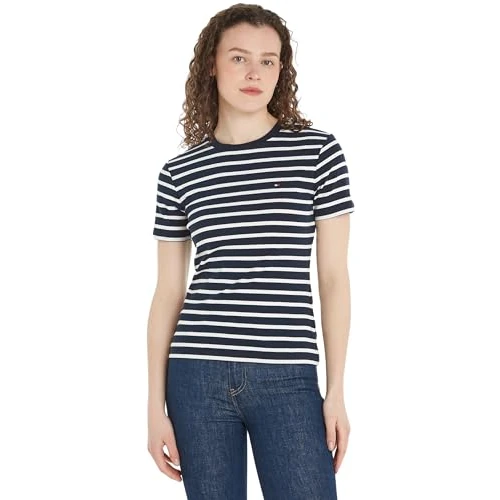 Tommy Hilfiger Women New Slim Cody C-Nk Ss S/S Knit Tops, Blue, XXS