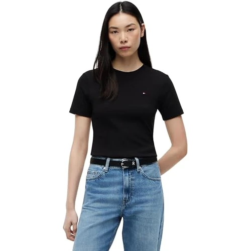 Oferta limitada: Tommy Hilfiger Camiseta de Manga Corta Mujer Slim Cody con Cuello Redondo, Negro (Black), M de 49.90 € a 30.19 € (ahorro 39%)