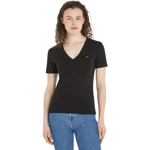 Tommy Hilfiger Damen T-Shirt Kurzarm New Slim Cody V-Ausschnitt, Schwarz (Black), XL