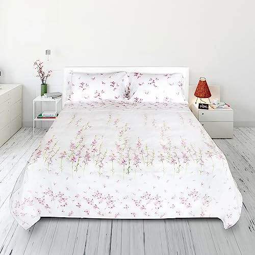 PERLARARA - CLC02 Beddengoedset voor tweepersoonsbed, percal van 100% katoen, roze, lakens met ruches, hoeslaken, 2 kussenslopen met shuttles