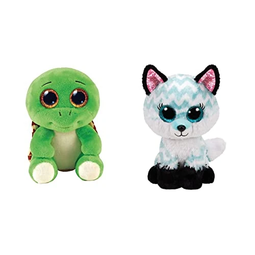 Ty - Peluche - Beanie Boos - Tartaruga - Turbo - Verde - Peluche con occhioni glitter dorati - 15 Cm - 36392, 2009293 & Peluche - Beanie Boos -Volpe - Atlas - Azzurro, Bianco e Nero