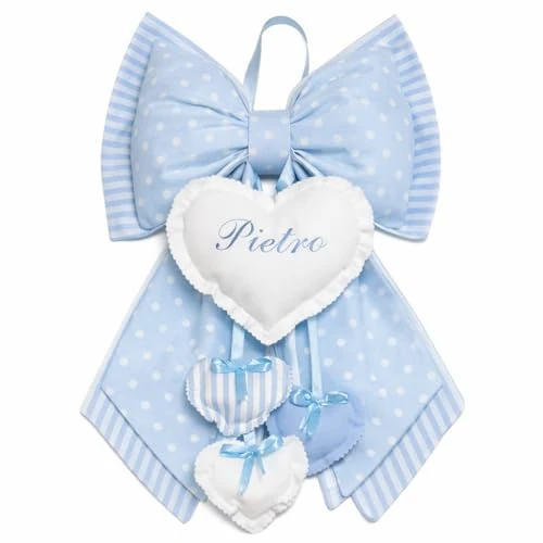 Offerta a tempo: Fiocco Nascita Personalizzato, Nome Ricamato, Cotone 100% Handmade in Italy, Coccarda Decorativa Celeste a Pois con Pendenti, per Porta o Cameretta, Dimensione 52 x 35 cm. (Pois Celeste) - 0.00% da 37.99 € a 37.99 €