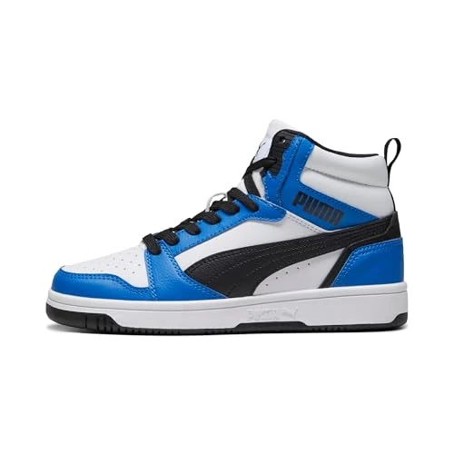 Limited-time offer: Puma Unisex Youth Puma Rebound V6 Mid Jr Sneakers, Puma White-Puma Black-Racing Blue, 5.5 UK from 45.00 GBP to 38.14 GBP (save 15%)