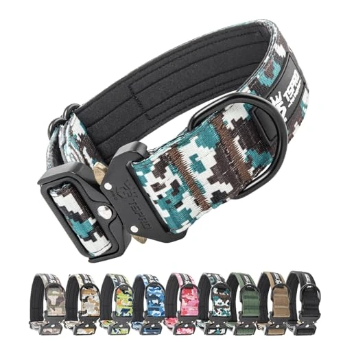 TSPRO Premium Hondenhalsband met Patches, Verstelbare Dikke Halsband met Snelontgrendelbare Gesp, Zwaar Belastbaar voor Middelgrote tot Grote Honden (Camo Cyan M)