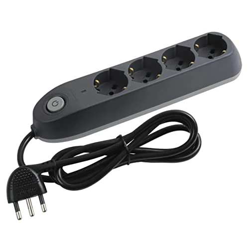 Bticino Electric Power Strip Poker 4 Schuko Universal Sockets Standard German Standard On/Off Switch, Lightning Protection, 1.5 m Cable with Space-Saving Plug, Grey