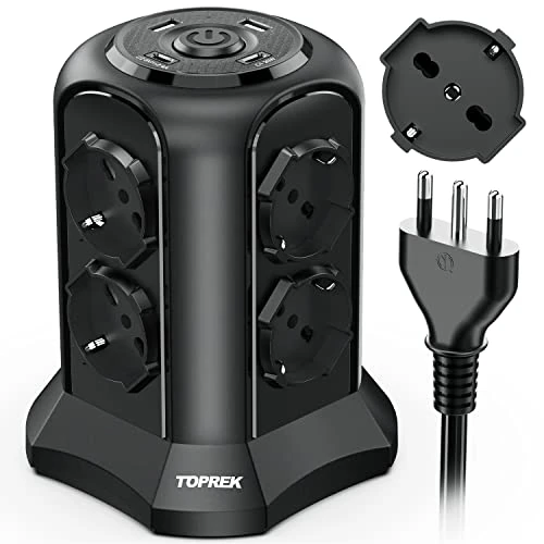Offerta a tempo: TOPREK Multipresa Verticale con 8 Prese Universali ITA 10/16A e Schuko e 2 Tipo C e 2 Tipo A(USB-C1 20W PD3.0 Ricarica Rapida), 4000W/16A, Ciabatta Multipresa con Interruttore,2M Cavo,Spina 16A,Nero - 8% da 39.99 € a 36.95 €
