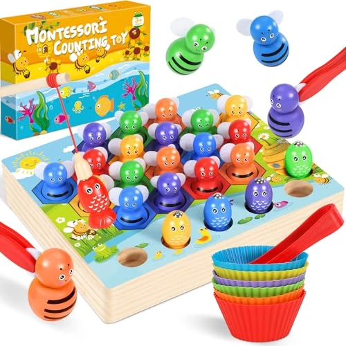 Ophy Montessori Counting Toys - Rainbow Counting Bees with Matching Bowl for 3+ Year Old Boy Girls 3 in 1 Sorting Toys for Toddlers Magnetic Fishing Game Wooden Educational Toy