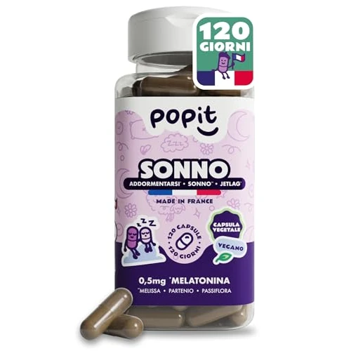 POP IT 120 Cápsulas Melatonina Pura 0,5 mg con Pasiflora, Melisa y Camomila - Cura de 4 Meses - Sueño Melatonina Liberación Prolongada - Pastillas para Dormir Fuertes - Vegano y Sin Gluten