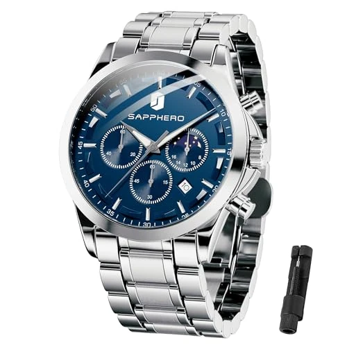 Limited-time offer: BENYAR Men's Watch UK Luxury Watches Men Waterproof Chronograph Leather/Stainless Steel Valentine's Day/Birthday/Christmas/Fathers Day Gift Sliver/Blue from 79.99 £ to 37.38 £ (save 53%)