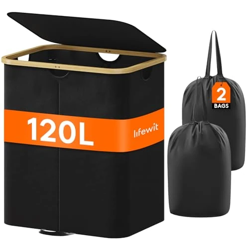 Oferta limitowana: Lifewit 120L Kosz na Pranie z Pokrywą, Bambusowymi Uchwytami i Wyjmowaną Torbą - Duży Składany do Sypialni, Łazienki, Akademika, Pralni - Czarny z 119.99 zł na 119.99 zł (oszczędź 0.00%)
