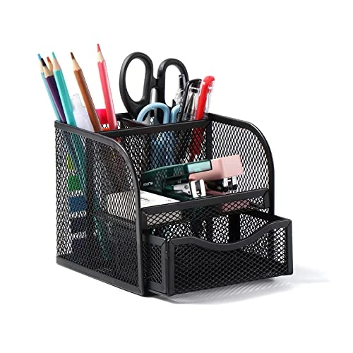 Limited-time offer: Vinabo Desk Organiser, Metal Mesh Pen Holder, Stationary Organiser with 4 Sorting Compartments, Compact Pencil Pot with Sliding Drawer for Stationery, Home, School, Desk Accessories from 10.99 GBP to 10.99 GBP (save 0%)