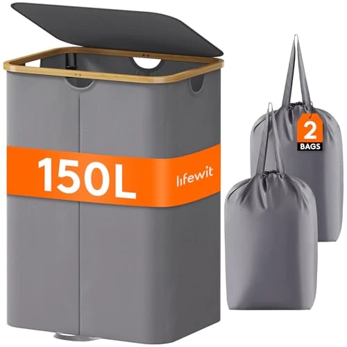 Offre limitée : Lifewit Panier à Linge 2 Compartiments 150L Avec Couvercle, Corbeille Avec Poignées Bambou et Double Sac Amovible, Pliable Pour Chambre, Salle de Bain, Buanderie, Gris de 39.99 € à 39.99 € (0.00% de remise)