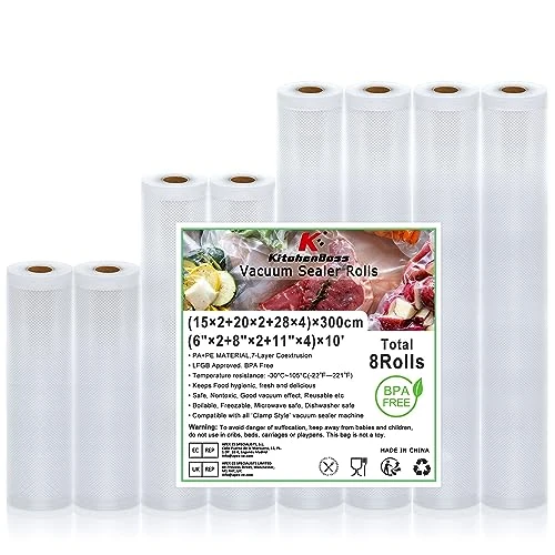Offerta a tempo: KitchenBoss Sacchetti Sottovuoto Alimenti Sottovuoto Rotoli：Sacchetti per Sottovuoto senza BPA, Buste Sottovuoto Alimenti per Macchina Sottovuoto e Cottura Sous Vide, 8 Rotoli 15x2/20x2/28x4/x300cm - 15% da 18.99 € a 16.14 €