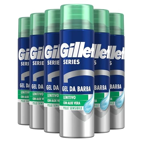 Gillette Gel de rasage apaisant avec Alove Vera, protection complète contre les irritations, rafraîchit et apaise, rasage confortable, 200 ml X6