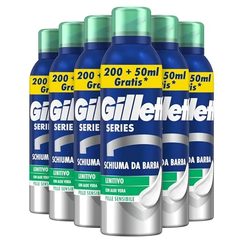Offerta a tempo: Gillette Series Schiuma da Barba Lenitiva con Aloe Vera, Riduce le Bruciature e Irritazioni, Ideale per Pelli Sensibili, Pelle Fresca Durante la Rasatura, 250ml X6 - 23% da 20.71 € a 15.99 €