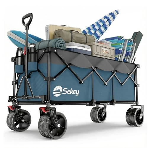 Offerta a tempo: Sekey XXXL Carrello Spiaggia Ruote Grandi 300L 200KG, Carrello Pieghevole con Ruote Extra Larghe 17x10 cm a Tutti i Terreni, Brevettato Pieghevole da QUATTRO Direzioni SE4013, Grigio con Blu - 26% da 139.99 € a 102.93 €