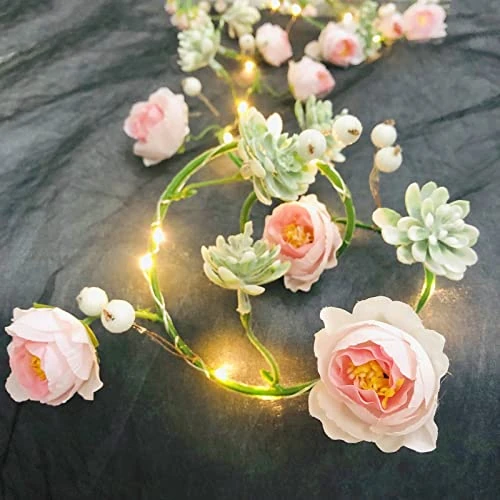 Begrenztes Angebot: Künstliche Rose Blume Sukkulente Schraube Girlande mit 2 m 20 LED-Lichterkette mit Batterie Fee Licht für Hochzeitsfeier, Valentinstag im Zimmer Dekoration (Rosa Rosa) von 20.50 EUR auf 20.50 EUR (Rabatt 0%)