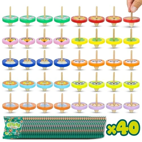 BONNYCO Houten Draaitolletjes Feestzakvullers voor Kinderen Pak van 40. Kinderfeestzakvullers met Tollen, Kinderfeestzakvullers. Feestzakken voor Kinderen, Pinata Voorraadvullers Kids