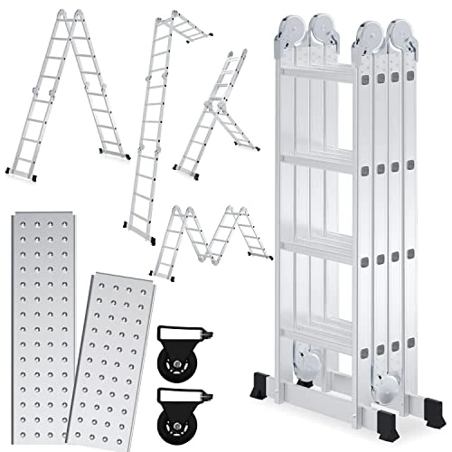 Offre limitée : Sonnewelt Échelle multifonction en aluminium 4 x 4 marches 4,7 m avec plateforme, échelle avec 2 panneaux d'échafaudage, escabeau jusqu'à 150 kg, échelle pliante 16 marches, argent de 148.99 € à 148.99 € (0.00% de remise)