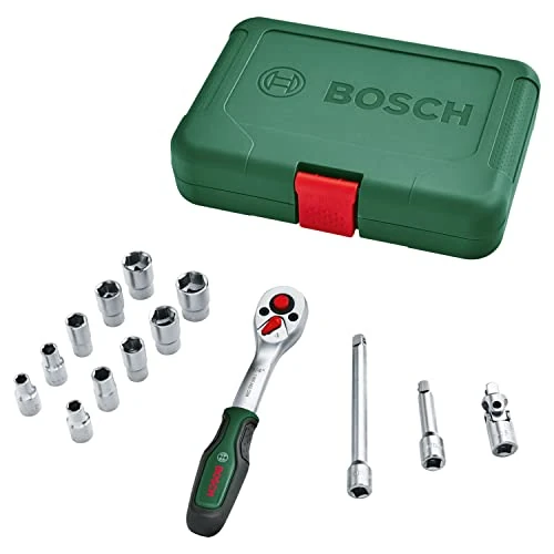 Bosch Set da 14 pezzi di cricchetti/bussole da 1/4"(set di bussole versatile, di alta qualità per molteplici progetti di fai-da-te; ergonomiche, impugnatura SoftGrip; portabit magnetico)