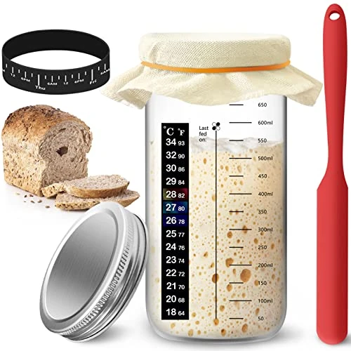 Artcome Zuurdesem Starter Jar Kit - 24oz Container Met Aluminium Deksel, Datum Gemarkeerde Voedingsband, Siliconen Schraper, Doek Cover en Thermometer Band voor het Maken van Brood