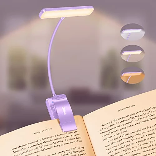 Gritin Leselampe Buch Klemme, USB Wiederaufladbare Buchlampe mit 19 LEDs, 3 Farb, Lange Laufzeit, Stufenlose Helligkeit Klemmlampe, 360° Flexibel Klemmleuchte für Nachtlesen ins Bett-Lila